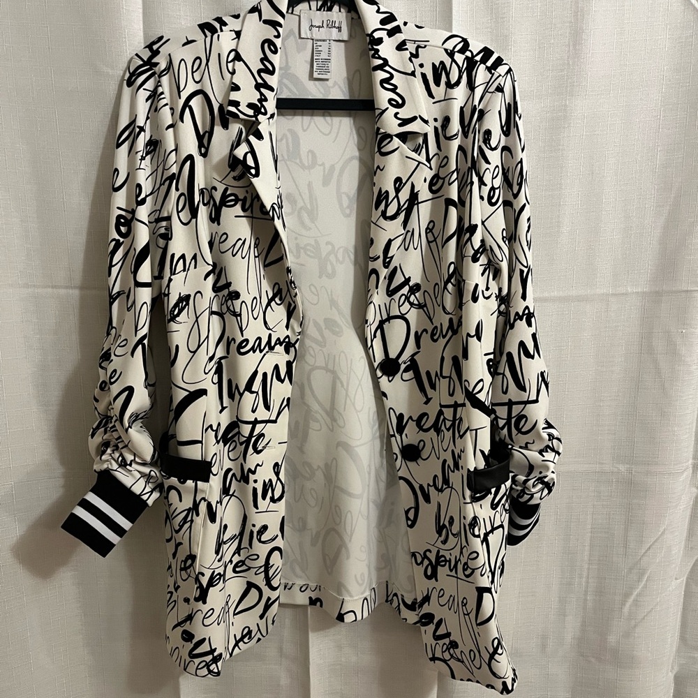 Joseph Ribkoff Black & White Script-Print Open Blazer